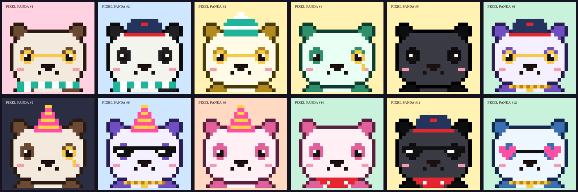 Twelve on-chain pixel pandas with different traits