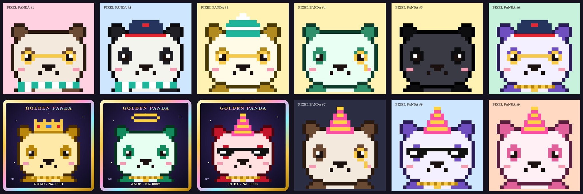 Rows of original on-chain pixel pandas with the Gold, Jade and Ruby Golden Panda cards